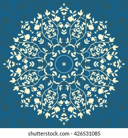 Circular vegetable ornament. Hand-drawing on a blue background