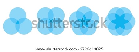 Circular venn diagram mini set with multiple small blue intersecting flower shapes vector infographic for data chart progression balance relationship model rounded blue design element info