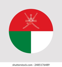 Circular Version of the Official Flag of Oman with National Emblem - Khanjar and Two Crossed Swords, Featuring Red, Green, and White Segments