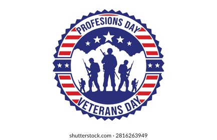 Circular Veterans Day badge with text framing saluting soldiers and American flag stripes, ideal for seals and stickers.