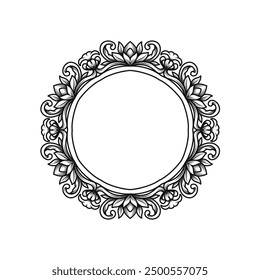 Circular vintage frame with baroque classic engraving ornament. Swirl, flourish, victorian, damask, arabesque, filigree floral element border frame vector illustration