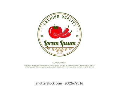 Circular Vintage Retro Red Chili and Tomato for Product Farm Label Logo Design Vector