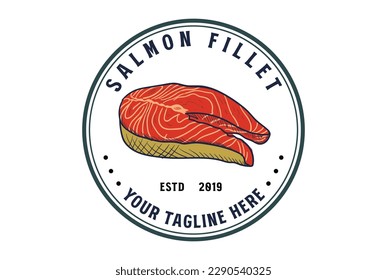 Circular Vintage Sliced Salmon Fish Meat Steak Logo for Sushi Restaurant or Product Label