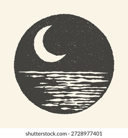 A circular, vintage-style illustration features a crescent moon in a starry night sky above rippling ocean waves.
