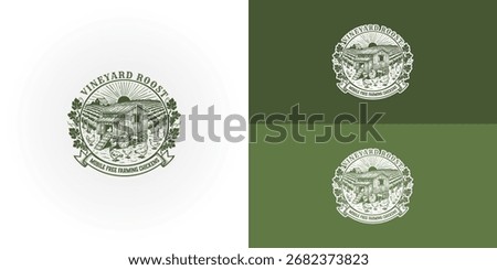 A circular, vintage-style logo for a mobile chicken farming business. It features a chicken coop on wheels in a vineyard, surrounded by free-range chickens. The name is framed by grapevines.
