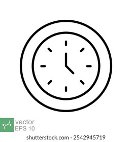 Ícone circular do relógio de parede. Estilo de contorno simples. Relógio, relógio de círculo único, design de símbolo de conceito de gerenciamento de tempo. Ilustração de vetor de linha fina isolada no fundo branco. EPS 10.