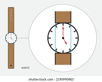 Circular watch display and leather band. Wrist watch modern flat vector illustration. Modern and classic wristwatch set. Math, geometry, science, physics.