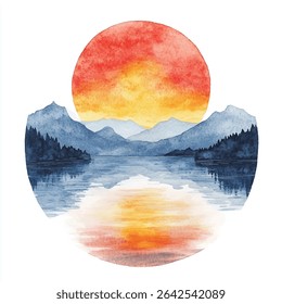 A circular watercolor painting depicts a serene sunset over a mountain lake. The vibrant colors of the sunset are reflected in the still water. 