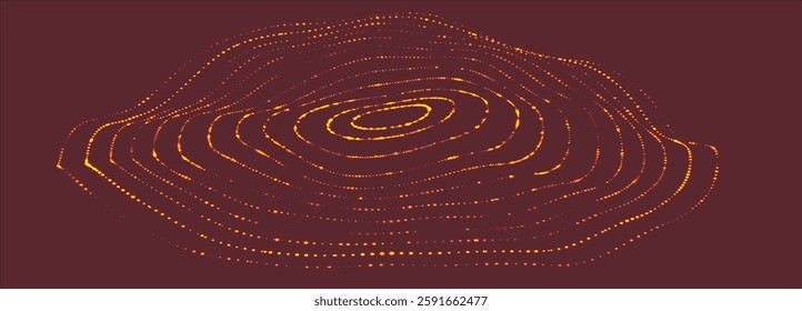 Circular wave of glowing dots. Futuristic dot sound wave of bright particles. Weave effect. Futuristic background for presentation design. Wide format vector illustration.