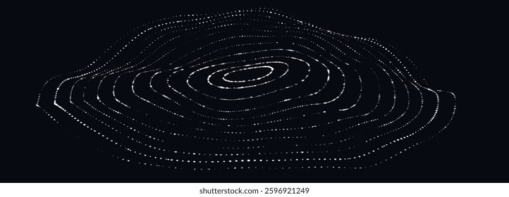 Circular wave of glowing dots. Futuristic dot wave of bright particles on dark background. Weave effect. Futuristic background for presentation design. Wide format vector illustration.