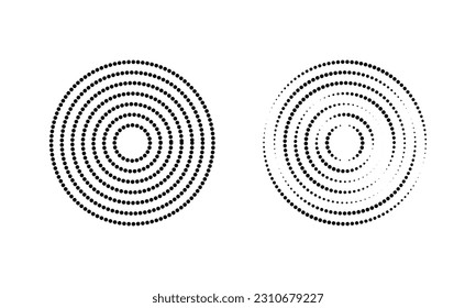 Circular wave icons. Concentric circles with broken dotted lines isolated on white background. Ripple, vortex, sonar wave, soundwave, sunburst, signal signs. Vector graphic illustration