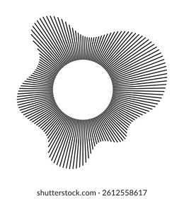 Circular wave. Sound circle lines. Radial frame. Sound ring mockup. Wavy frame pattern. Radial rays. Wavy design element. Equalizer logotype, radial spectrum. Voice symbol. Depicting audio music icon.