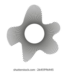 Circular wave. Sound circle lines. Radial frame. Sound ring. Radial rays. Wavy frame. Wavy design element. Equalizer logo, radial spectrum. Voice symbol. Depicting audio music icon.