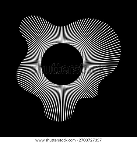Circular wave. Sound circle white lines. Equalizer logo, radial spectrum. Voice symbol. Sound ring mockup. Wavy, radial frame pattern. Radial rays. Wavy design element. Depicting audio music icon.