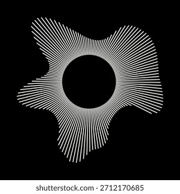 Ondas circulares. Líneas blancas de círculo sonoro. Marco radial. Anillo de sonido. Logotipo del ecualizador, espectro radial. Símbolo de voz. Patrón de marco ondulado. Radiales. Elemento de diseño ondulado. Música de audio que representa el icono.