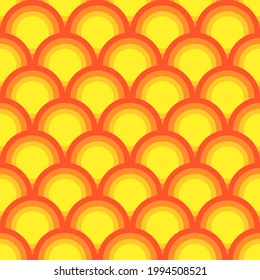 Circular waves that line up in autumn tones, red, yellow, orange patterns. Wave style seamless pattern. Bright colored background vector illustration.