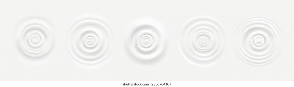 Circular waviness on white liquid surface, top view of round concentric waves caused by drop falling on milk, yogurt, cream or cosmetic. Realistic radial wavy effect texture in vector illustration.