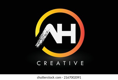 Circular White AH Brush Letter Logo Design with Black Circle. Creative Brushed Letters Icon Logo.