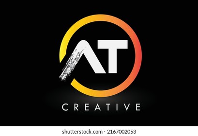 Circular White AT Brush Letter Logo Design with Black Circle. Creative Brushed Letters Icon Logo.