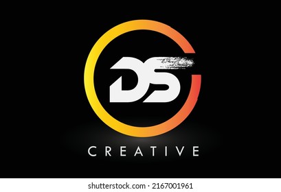 Circular White DS Brush Letter Logo Design with Black Circle. Creative Brushed Letters Icon Logo.
