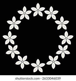 circular white flower frame design vector on black background