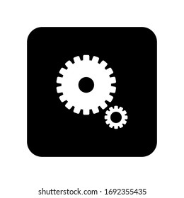 Circular white gear icon on a black background