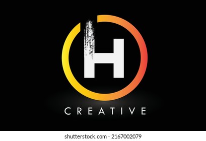 Circular White H Brush Letter Logo Design with Black Circle. Creative Brushed Letters Icon Logo.