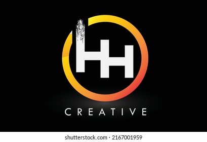 Circular White HH Brush Letter Logo Design with Black Circle. Creative Brushed Letters Icon Logo.