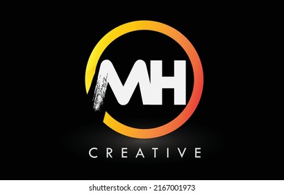 Circular White MH Brush Letter Logo Design with Black Circle. Creative Brushed Letters Icon Logo.