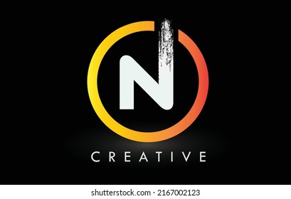 Circular White N Brush Letter Logo Design with Black Circle. Creative Brushed Letters Icon Logo.