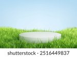 A circular white platform surrounded by lush green grass under a clear blue sky. The scene is bright and inviting, ideal for showcasing products or nature-themed presentations.