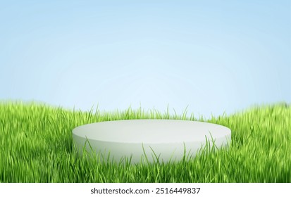 A circular white platform surrounded by lush green grass under a clear blue sky. The scene is bright and inviting, ideal for showcasing products or nature-themed presentations.