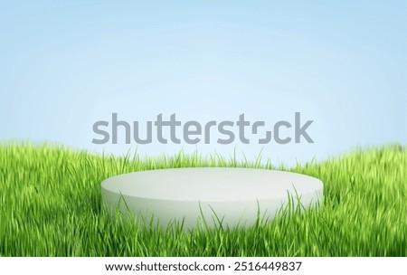 A circular white platform surrounded by lush green grass under a clear blue sky. The scene is bright and inviting, ideal for showcasing products or nature-themed presentations.