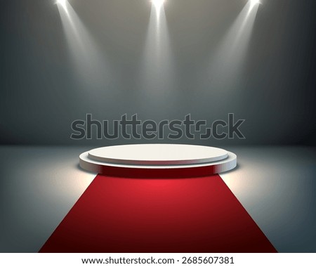 circular white podium with red carpet under bright spotlights set for an award ceremony stage presentation offering a glamorous background perfect for event or success themes
