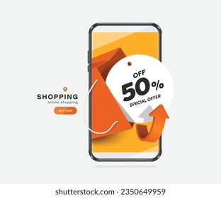 Circular white promotional label with the text special offer 50%off placed inside an orange shopping bag and all appear on smartphone screen, vector 3d isolated for online shopping advertising design