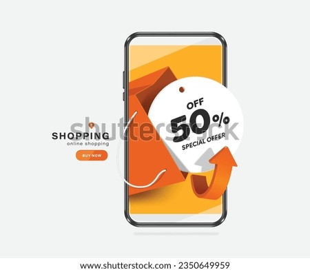 Circular white promotional label with the text special offer 50%off placed inside an orange shopping bag and all appear on smartphone screen, vector 3d isolated for online shopping advertising design
