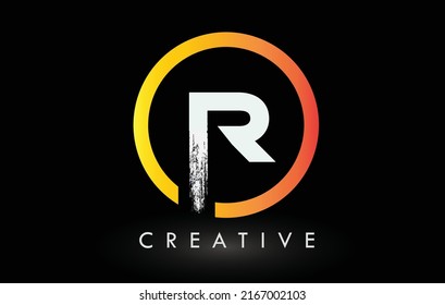 Circular White R Brush Letter Logo Design with Black Circle. Creative Brushed Letters Icon Logo.