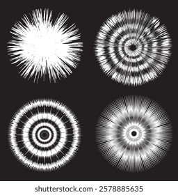 Circular white radial lines. Blast attack in all directions. Design that imitates fireworks. Isolated on black background.