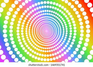 Circular white round dots pattern on colorful texture background, gradient rainbow colors, used LGBTQ (lesbian, gay, bisexual, transgender, and questioning) pride flag colors. Vector illustration.