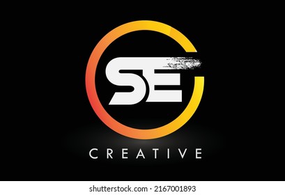 Circular White SE Brush Letter Logo Design with Black Circle. Creative Brushed Letters Icon Logo.