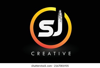 Circular White SJ Brush Letter Logo Design with Black Circle. Creative Brushed Letters Icon Logo.
