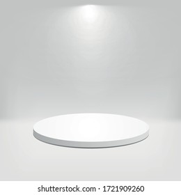A circular white stage podium illuminates the world. Vector scene background. Festive podium for the awards ceremony on white, gray. Vector white pedestal for product presentation.