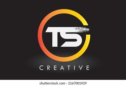Circular White TS Brush Letter Logo Design mit schwarzem Kreis. Logo für kreative, geputzte Buchstaben.
