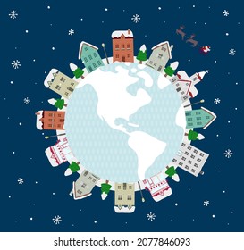 Circular winter townscape vector  illustration (earth)