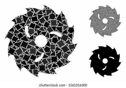 Circular wood blade mosaic of raggy elements in various sizes and color tints, based on circular wood blade icon. Vector abrupt pieces are united into collage.