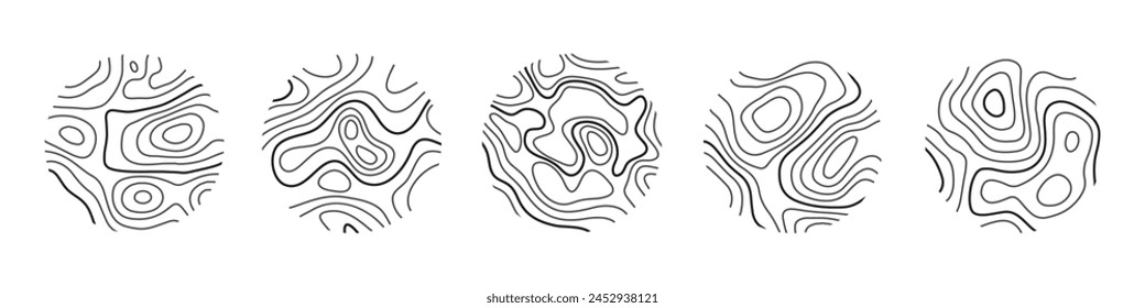 Circular wood rings or topographic map lines texture set. Wood tree topographic abstract lines collection flat style design vector illustration contour isolated pattern design.