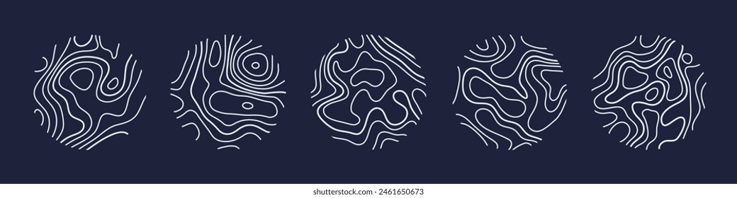 Circular wood rings or topographic map lines texture set. Wood tree topographic abstract lines collection flat style design vector illustration contour isolated pattern design.