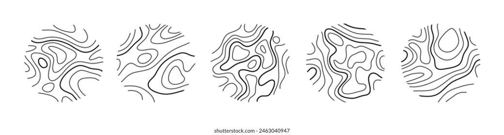 Circular wood rings or topographic map lines texture set. Wood tree topographic abstract lines collection flat style design vector illustration contour isolated pattern design.