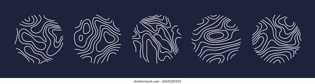 Circular wood rings or topographic map lines texture set. Wood tree topographic abstract lines collection flat style design vector illustration contour isolated pattern design.