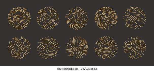 Circular wood rings or topographic map lines texture set. Wood tree topographic abstract lines collection flat style design vector illustration contour isolated pattern design.